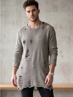 Divided Men's Distressed Crewneck Sweater - Gray A45